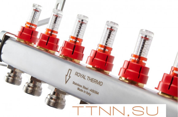Для отопления Royal Thermo 1" ВР-3/4" НР, 10 выходов с расходомерами, нерж. (RTE 52.110)