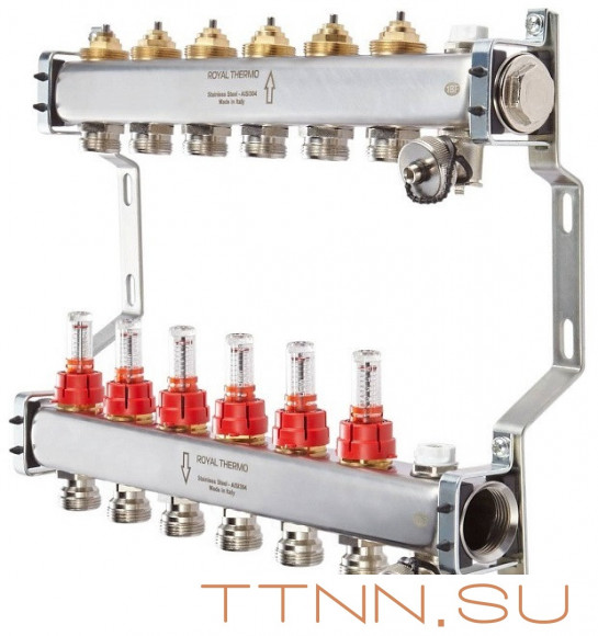 Для отопления Royal Thermo 1" ВР-3/4" НР, 6 выходов с расходомерами, нерж. (RTE 52.106)