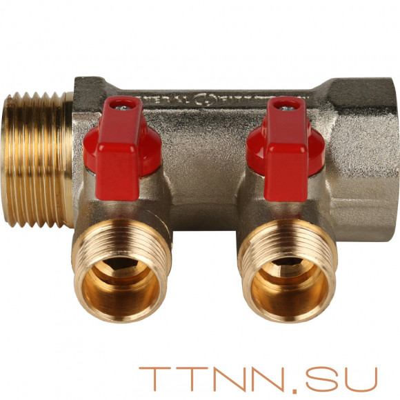 Коллектор с шаровыми кранами STOUT 1"х2х1/2" красные ручки