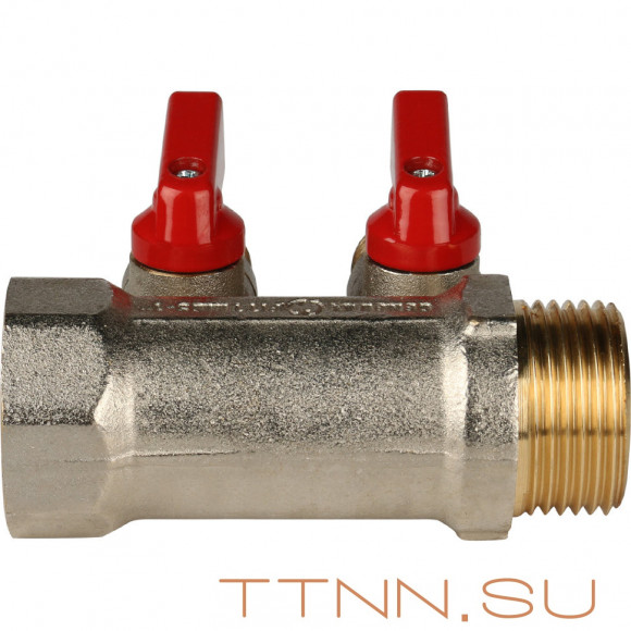 Коллектор с шаровыми кранами STOUT 1"х2х1/2" красные ручки