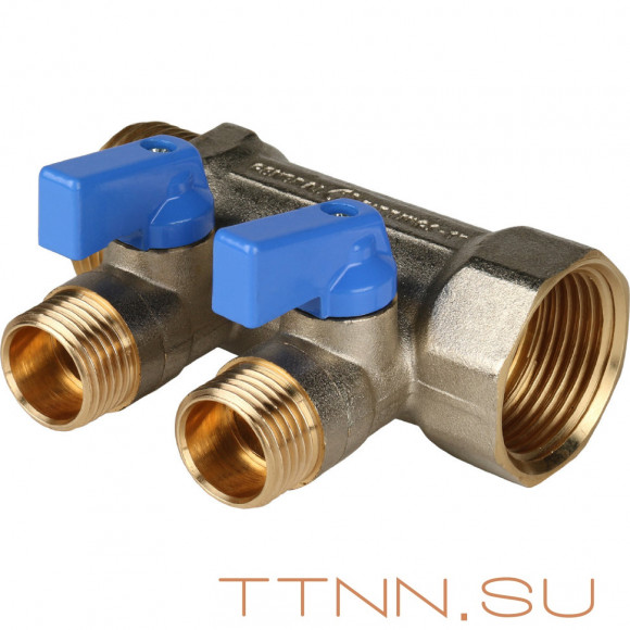 Коллектор с шаровыми кранами STOUT 1"х2х1/2" синие ручки