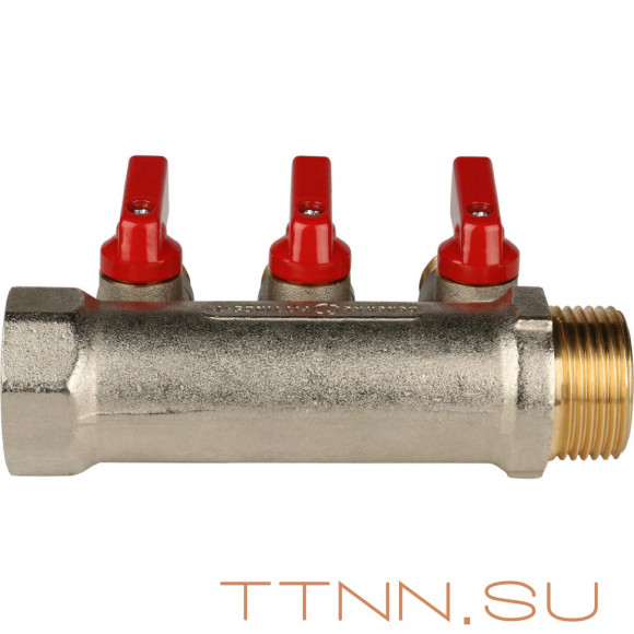 Коллектор с шаровыми кранами STOUT 1"х3х1/2" красные ручки