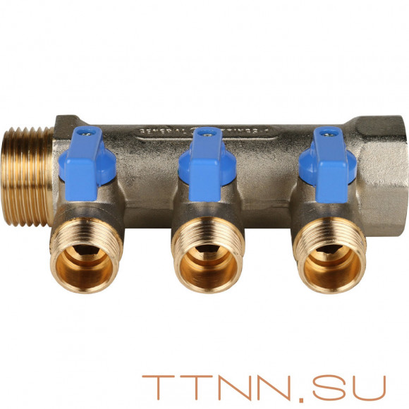 Коллектор с шаровыми кранами STOUT 1"х3х1/2" синие ручки