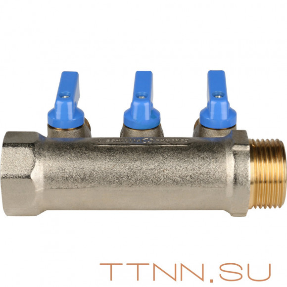 Коллектор с шаровыми кранами STOUT 1"х3х1/2" синие ручки